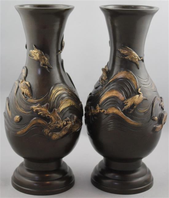 A pair of Japanese parcel gilt bronze baluster vases, 19th century, 36.7cm